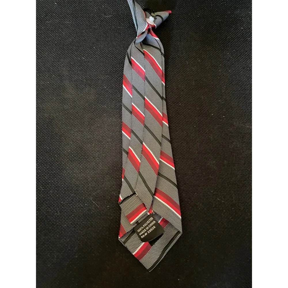 Mens Red Black Grey Striped Clip-On Necktie Polyester Pre-Tied Formal‎ Tie